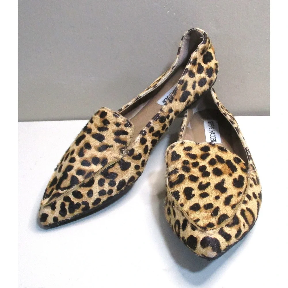 Steve Madden Featherl Leopard Print Cow Hair Pointed Toe Loafers Flats Size 6M
